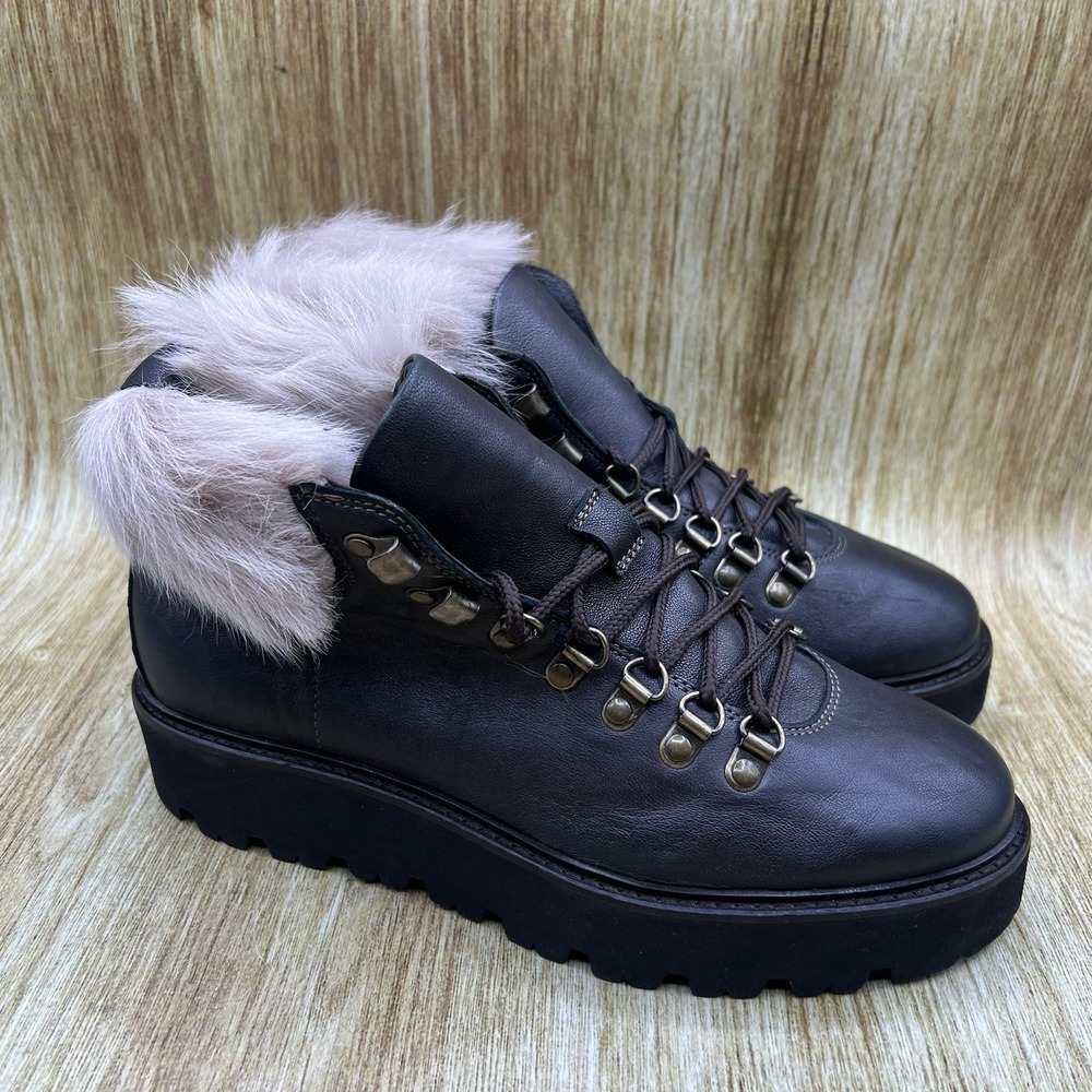 Boemos Hiking Boots Women's Size 7 EU 38 Black‎ Faux Fur Trim Platform Lug Italy